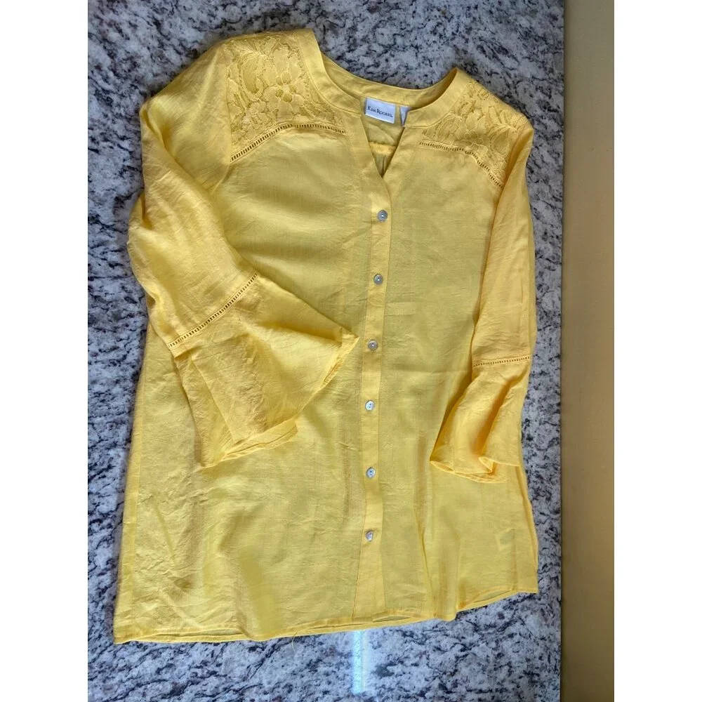 Kim Rogers Womens Blouse Medium Yellow Button-Down Bell Sleeves Lace Trim Retro_5